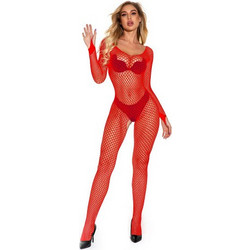 Alluring Red Fishnet Bodysuit with Long Sleeves