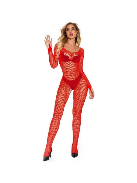 Alluring Red Fishnet Bodysuit with Long Sleeves