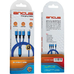 Καλώδιο Φόρτισης Ancus Flow Plus E54 USB-C 3 σε 1 Micro-USB, USB-C, Lightning 3.0A με Braided Καλώδιο Μπλε 1m