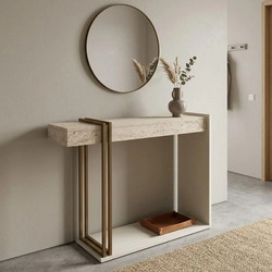 Κονσόλα Desca Megapap χρώμα travertine - sandstone - χρυσό 91,8x29,6x74,2εκ