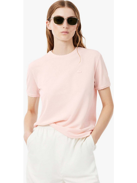 Lacoste γυναικείο T-shirt πικέ με scalloped trims και κεντημένο λογότυπο Slim Fit - TF8366 Ροζ Ανοιχτό