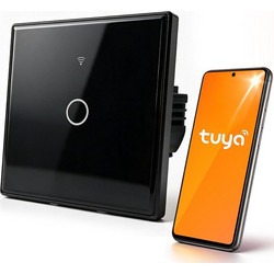 Qoltec 52711 Smart Touch 1-Gang Light Switch | Wi-Fi | Timer | Tuya | Smart Life | Tempered Glass | Black