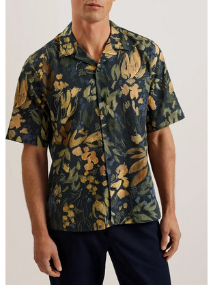 Ted Baker Ανδρικό Πουκάμισο Λινό Φλοράλ Κοντομάνικο Κανονική Γραμμή Navy Μπλε 274589