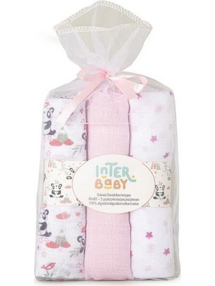 Interbaby Panda Πάνες Αγκαλιάς Ροζ Λευκές 80x80cm 3τμχ