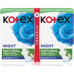Kotex Natural Night Σερβιέτες με Φτερά για Αυξημένη Ροή 6 Σταγόνες από Βαμβάκι 12τμχ