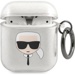 Karl Lagerfeld Glitter Karl Head Θήκη Σιλικόνης με Γάντζο για Apple AirPods 1 / 2 Ασημί