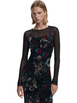 Desigual Kala In Flocked Midi Βραδινό Φόρεμα Μαύρο 25WWVK11-2000