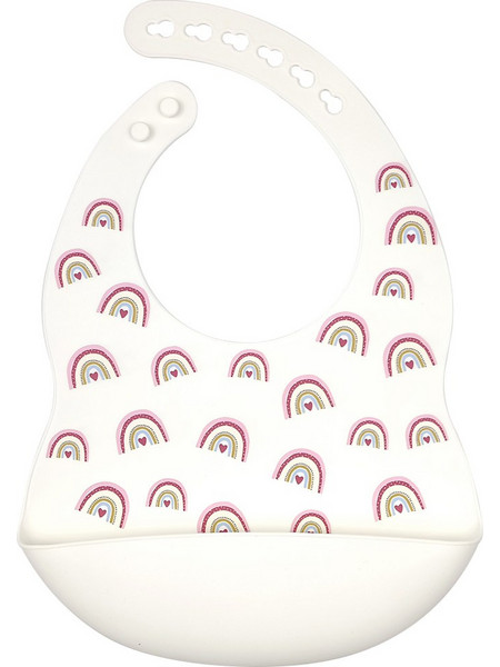 BabyCloud Rainbow Αδιάβροχη Σαλιάρα Σιλικόνης με Κουμπί & Τσέπη 4m+ Λευκή