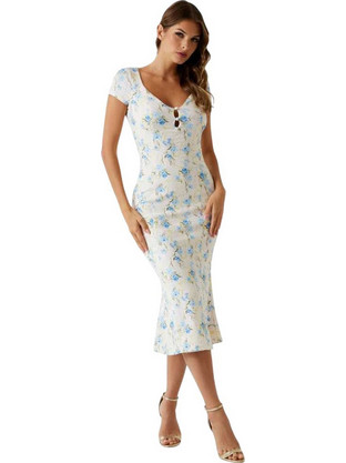 Guess Teodolinda Midi Καλοκαιρινό Βραδινό Φόρεμα Floral Λευκό W6GK45K3104-PMI9