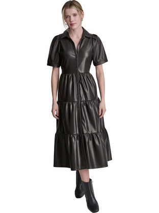 DKNY Midi Βραδινό Φόρεμα Δερμάτινο Μαύρο DJ5D9239-BLK