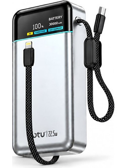 Otu PB-301 Power Bank 30000mAh 22.5W με Ενσωματωμένα Καλώδια USB-C & Lightning Black Silver