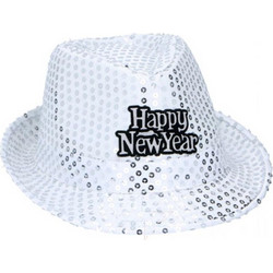 Καπέλο fedora με πούλιες και επιγραφή Hppy New Year, διαστάσεις 27x23x12 εκατοστά, σε 4 χρώματα Λευκό - Partytime