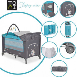 Moni Sleepy Παρκοκρέβατο 2 Επίπεδων με Στρώμα Δίχτυ & Αλλαξιέρα Τιρκουάζ Ανθρακί