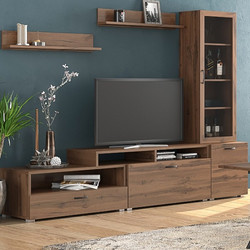 Σύνθετο Σαλονιού Νο 28 (225x45x48) 2 Βιτρίνες 45x30x120εκ. Ράφι Τοίχου 90x12x20εκ. Με Επιλογές Χρωμάτω - Νέο Καρυδί-New Walnut