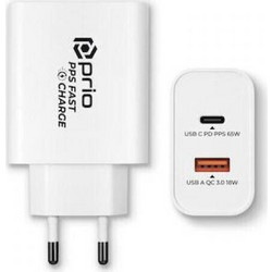 Φορτιστής κινητού Prio Fast Charge Wall Charger 65W PD (USB C) + QC 3.0 (USB A) white