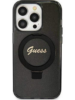 Guess Ring Stand Script Glitter MagSafe Back Cover Black (iPhone 12 / 12 Pro)