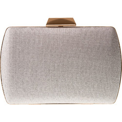 Τσαντάκι clutch επένδυση απο λινό ύφασμα με μεταλλικό κούμπωμα σε χρώμα λευκό-πάγου, χρυσό 18x12x3cm & extra αλυσίδα 120cm