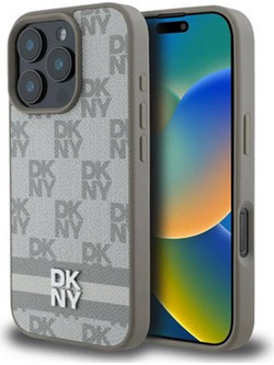 DKNY PU Leather Checkered Pattern and Stripe Case for iPhone 16 Pro Beige