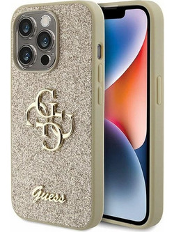 Guess Fixed Glitter Metal Logo Back Cover Gold (iPhone 15 Pro)