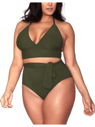 Chicret OLIVE POWER Plus size μπικίνι σε χακί και μαύρη απόχρωση με βαθύ V και ψηλόμεσο κάτω μέρος με ζώνη ΛΑΔΙ