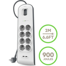 Belkin BSV804vf2M-V2 SURGE, 8 sockets, 900J, 2M, 2 USB-2.4A SHARED, updated version2