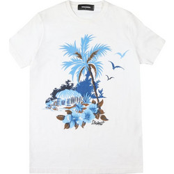 DSQUARED2 T-SHIRT ΚΟΝΤΟΜΑΝΙΚΟ ΛΕΥΚΟ ΜΕ ΛΑΙΜΟΚΟΨΗ ΚΑΙ ΣΤΑΜΠΑ LOGO ΕΜΠΡΟΣ SEXY SLIM FIT