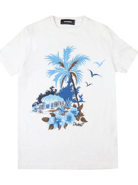 DSQUARED2 T-SHIRT ΚΟΝΤΟΜΑΝΙΚΟ ΛΕΥΚΟ ΜΕ ΛΑΙΜΟΚΟΨΗ ΚΑΙ ΣΤΑΜΠΑ LOGO ΕΜΠΡΟΣ SEXY SLIM FIT