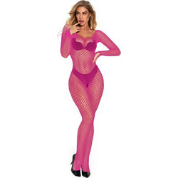 Alluring Pink Fishnet Bodysuit with Long Sleeves O/S