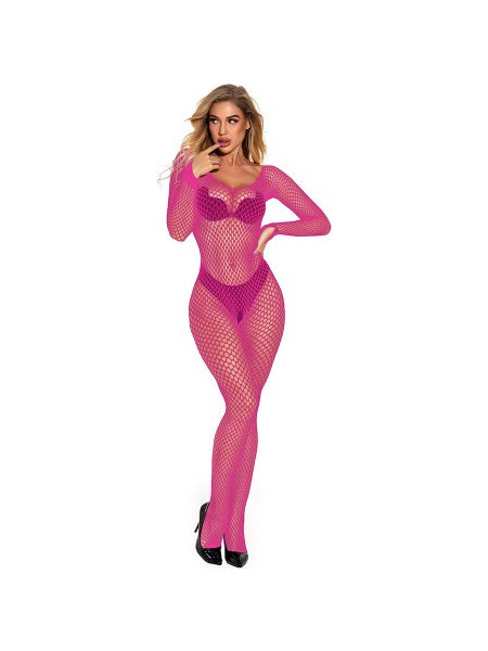 Alluring Pink Fishnet Bodysuit with Long Sleeves O/S
