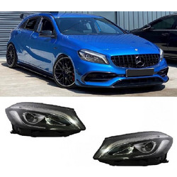 Μπροστινά Φανάρια Set Για Mercedes-Benz A-Class W176 12-18 Halogen Upgrade Σε Facelift Look Μαύρα Full Led DRL Με Μοτέρ Carner 0029637