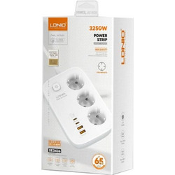 Ldnio SE3436 Πολύπριζο 3 Θέσεων με 2 USB-A, USB-C και Διακόπτη σε Λευκό
