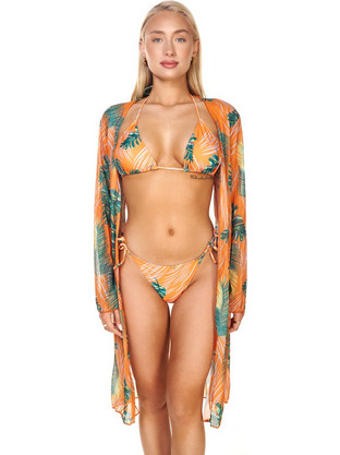Σετ μαγιό μπικίνι τρίγωνο floral print με κιμονό και ψηλόμεσο κιλοτάκι - Πορτοκαλί