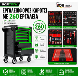 BORTECH Επαγγελματικός Εργαλειοφόρος 7 Συρταριών με 260 Εργαλεία, Κεντρικό Κλείδωμα & Ρόδες Βαρέως Τύπου Πράσινο
