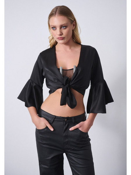 Crop Top Σατέν Με Δέσιμο & Καμπάνα Μανίκια