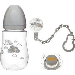Kiokids Σετ Πλαστικό Μπιμπερό με Θηλή Σιλικόνης 6m+ Grey 250ml Πιπίλα + Κλιπ