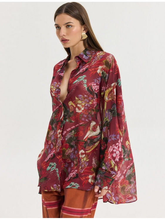 Hemithea Heather Oversized Μακρυμάνικο Γυναικείο Πουκάμισο Floral Bordeaux