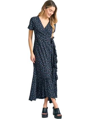Funky Buddha Midi Καλοκαιρινό Καθημερινό Φόρεμα Floral Κρουαζέ Μεταξωτό Navy Μπλε FBL011-103-13