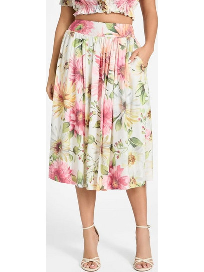 Guess Μίντι Φούστα Υφασμάτινη Ψηλόμεση Πλισέ Floral Εκρού Ροζ Πράσινη W5GD64WH4S2