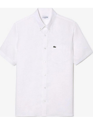 Lacoste Ανδρικό Πουκάμισο Λινό Κοντομάνικο Κανονική Γραμμή Λευκό CH5699-001