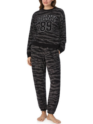 DKNY Lets get cozy Σετ Γυναικείες Πιτζάμες Χειμωνιάτικες Fleece Ανθρακί YI80066-076