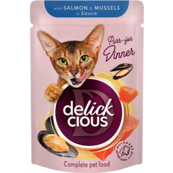 Delickcious Puss-for Dinner with Salmon & Mussels in Gravy 85gr