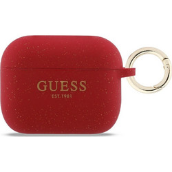 Guess Glitter Ring Θήκη Σιλικόνης με Γάντζο για Apple AirPods Pro 3 Κόκκινη Glitter