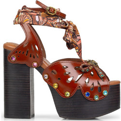 Kurt Geiger Γυναικεία Πέδιλα Δερμάτινα Καφέ με Χοντρό Ψηλό Τακούνι και Φιάπα 559631109-262