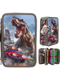 Dino World New World Κασετίνα Γεμάτη με 3 Θήκες Γκρι 0013693