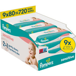 Pampers Sensitive Μωρομάντηλα Χωρίς Οινόπνευμα Άρωμα & Parabens 9x80τμχ