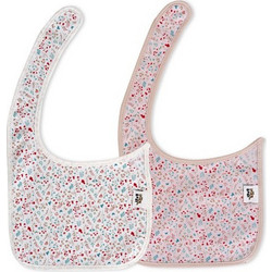 Interbaby Flowers Σετ Αδιάβροχες Σαλιάρες Υφασμάτινες με Αυτοκόλλητο Λευκή Ροζ 2τμχ