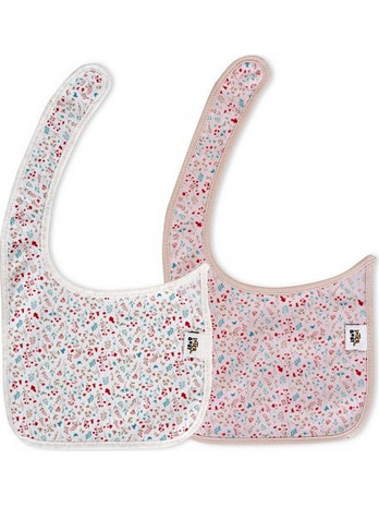 Interbaby Flowers Σετ Αδιάβροχες Σαλιάρες Υφασμάτινες με Αυτοκόλλητο Λευκή Ροζ 2τμχ