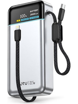Otu PB-204 Power Bank 20000mAh 22.5W με Ενσωματωμένα Καλώδια USB-C & Lightning Silver