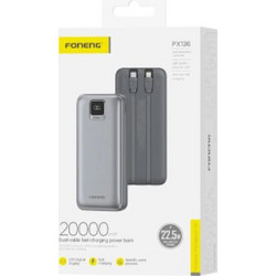 Foneng PX136 Power Bank 20000mAh 22.5W με Ενσωματωμένα Καλώδια USB-C & Lightning Quick Charge 3.0 & Power Delivery Grey