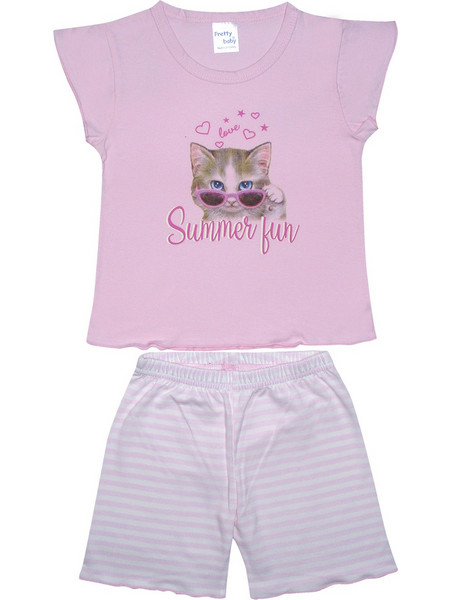 Pretty Baby Summer Cat Παιδική Πιτζάμα Βαμβακερή Καλοκαιρινή Ροζ Γκρι 65526